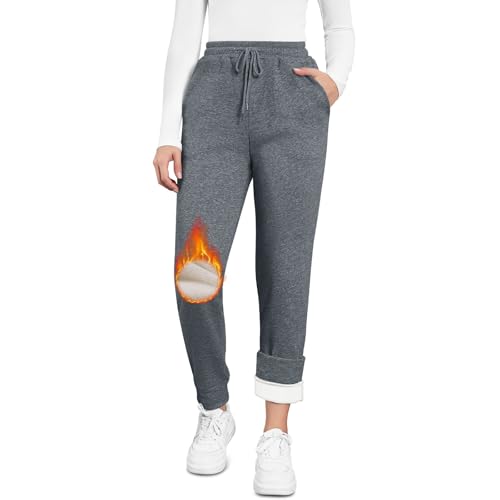 EDOTON Warme Damen Jogginghose Winter Fleece Verdickte Thermo Hosen Gefüttert mit Taschen Kordelzug Trainingshose Outdoor Freizeit Sporthose Sweatpants (A dunkelgrau,L) von EDOTON