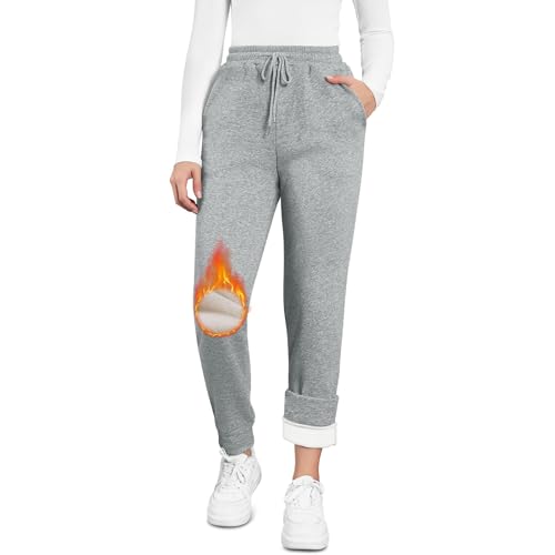 EDOTON Warme Damen Jogginghose Winter Fleece Verdickte Thermo Hosen Gefüttert mit Taschen Kordelzug Trainingshose Outdoor Freizeit Sporthose Sweatpants (A grau,L) von EDOTON