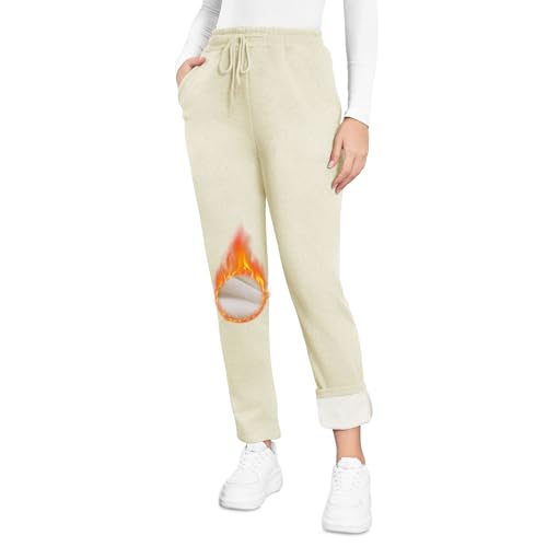 EDOTON Warme Damen Jogginghose Winter Fleece Verdickte Thermo Hosen Gefüttert mit Taschen Kordelzug Trainingshose Outdoor Freizeit Sporthose Sweatpants (B Khaki,M) von EDOTON