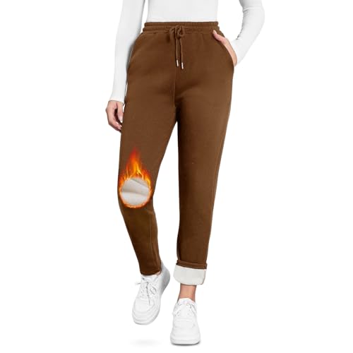 EDOTON Warme Damen Jogginghose Winter Fleece Verdickte Thermo Hosen Gefüttert mit Taschen Kordelzug Trainingshose Outdoor Freizeit Sporthose Sweatpants (B braun,L) von EDOTON