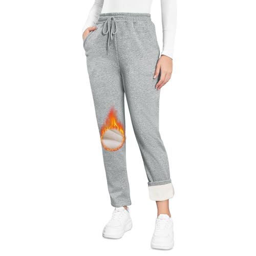 EDOTON Warme Damen Jogginghose Winter Fleece Verdickte Thermo Hosen Gefüttert mit Taschen Kordelzug Trainingshose Outdoor Freizeit Sporthose Sweatpants (B grau,S) von EDOTON