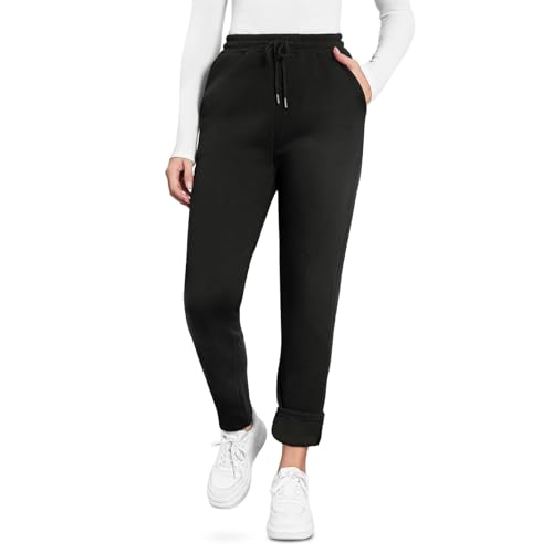 EDOTON Warme Damen Jogginghose Winter Fleece Verdickte Thermo Hosen Gefüttert mit Taschen Kordelzug Trainingshose Outdoor Freizeit Sporthose Sweatpants (D Schwarz,XL) von EDOTON