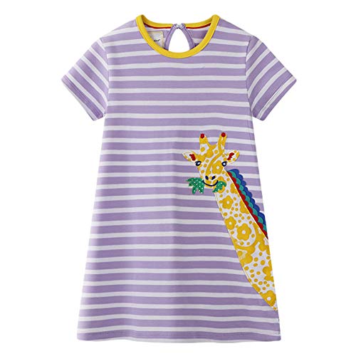 Kleine Mädchen Kleid Kurzarm Sommerkleid Regenbogen Karikatur Tier Stickerei & Drucken T-Shirt Kleid Freizeit Leicht Kleinkind Kinder Tägliche Kleidung für 1-7 Jahre (Grau Streifen Giraffe, 4-5 Jahre) von EDOTON