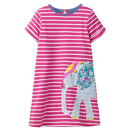 Kleine Mädchen Kleid Kurzarm Sommerkleid Regenbogen Karikatur Tier Stickerei & Drucken T-Shirt Kleid Freizeit Leicht Kleinkind Kinder Tägliche Kleidung für 1-7 Jahre (Rosa Streifen Elefant, 1-2 Jahre) von EDOTON