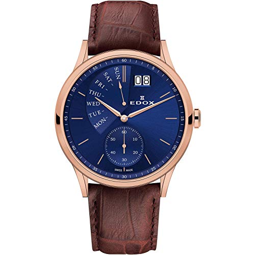 EDOX Les Vauberts Herren-Armbanduhr 42mm Armband Leder Braun Gehäuse Edelstahl Batterie 34500 37R BUIR von EDOX