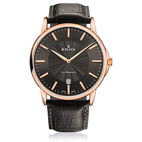 EDOX Unisex-Armbanduhr EDOX LES BÈMONTS SLIMM MOVEMENT Analog Quarz Leder 56001 37R NIR von EDOX