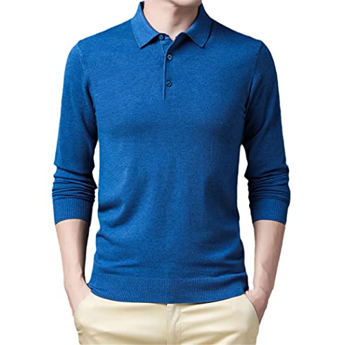 EDSNHG Herbst Herren Einfarbig Revers Strick Poloshirt Herren Business Langarm Dünner Pullover Poloshirt, blau, 3XL von EDSNHG