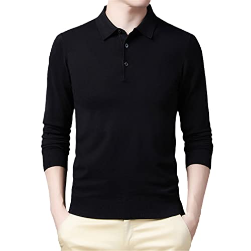 EDSNHG Herbst Herren Solid Color Revers Knit Polo Shirt Herren Business Langarm Dünn Sweater Poloshirt, Schwarz , XXL von EDSNHG