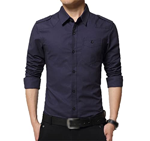 Herren-Epaulette-Hemd, modisches Langarm-Schulterklappenhemd, Militär-Stil, Baumwolle, Armeegrün, Shirts mit Schulterklappen, dunkelblau, XL von EDSNHG