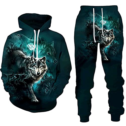 Wolf 3D-Druck Hoodies Hosen Anzug Herren Street Sport Trainingsanzug Hose Casual Hooded Sweatshirt Anzug, 2, S von EDSNHG