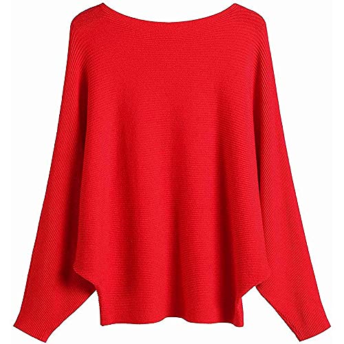 EDSTAR Damen Strickpullover Dolman Fledermausärmel Winter U-Boot-Ausschnitt Pullover Tops, rot, Einheitsgröße von EDSTAR