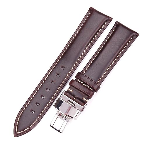 EDVENA 18–24 Mm Damen Herren Vintage Glatt Uhrenarmband Armband Dunkelbraun Echtes Leder Armband Metall Schmetterling Faltschließe (Color : Dark Brown, Size : 18mm) von EDVENA