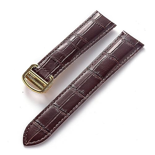 EDVENA Herren Damen Lederband Ersatz Cartier Tank London Solo Key Faltschließe 17/18/20/22MM Leder Uhrenarmband Zubehör (Color : Brown Gold Buckle, Size : 15) von EDVENA