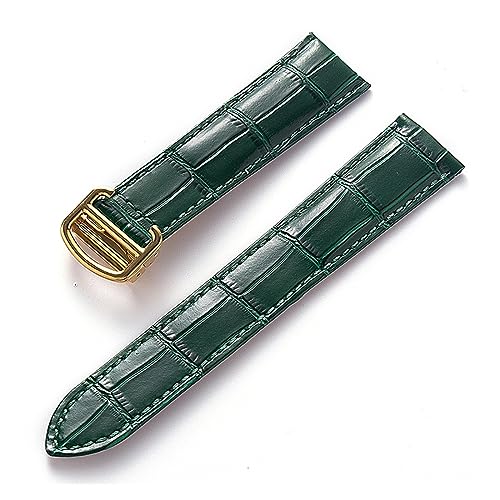 EDVENA Herren Damen Lederband Ersatz Cartier Tank London Solo Key Faltschließe 17/18/20/22MM Leder Uhrenarmband Zubehör (Color : Green gold buckle, Size : 15) von EDVENA