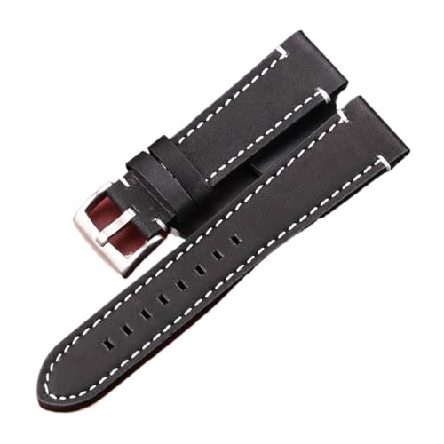 EDVENA Uhrenarmband Aus Echtem Leder, Handbuch, Männer, Dick, 7 Farben, 18 Mm, 20 Mm, 22 Mm, 24 Mm, Uhrenarmbänder, Edelstahlschnalle, Zubehör (Color : Black Silver Buckle, Size : 22mm) von EDVENA