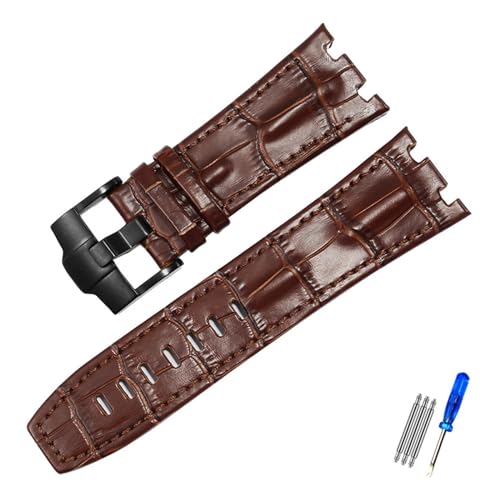 EDVENA Uhrenarmband Aus Echtem Leder Kompatibel Mit AP 15703 Royal Oak Offshore Serie 28 Mm Schwarz Braun Blau Uhrenarmbänder Zubehör Herren (Color : Brown-black, Size : 28mm) von EDVENA