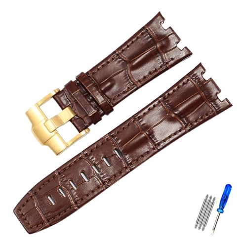 EDVENA Uhrenarmband Aus Echtem Leder Kompatibel Mit AP 15703 Royal Oak Offshore Serie 28 Mm Schwarz Braun Blau Uhrenarmbänder Zubehör Herren (Color : Brown-gold, Size : 28mm) von EDVENA