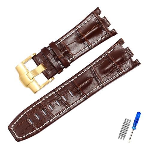 EDVENA Uhrenarmband Aus Echtem Leder Kompatibel Mit AP 15703 Royal Oak Offshore Serie 28 Mm Schwarz Braun Blau Uhrenarmbänder Zubehör Herren (Color : Brown white-gold, Size : 28mm) von EDVENA