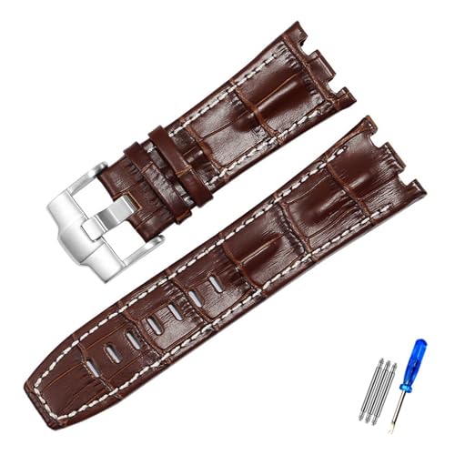 EDVENA Uhrenarmband Aus Echtem Leder Kompatibel Mit AP 15703 Royal Oak Offshore Serie 28 Mm Schwarz Braun Blau Uhrenarmbänder Zubehör Herren (Color : Brown white-silver, Size : 28mm) von EDVENA