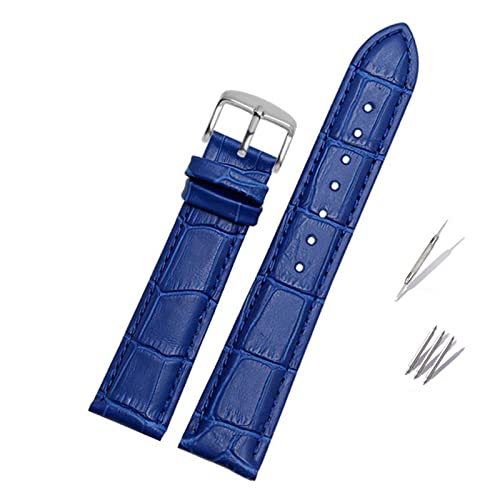 Echtes Leder blau Watcband Kompatibel mit Bürger Rossini Uhrenband 14mm 16mm 18mm 19mm 20mm 21mm 22mm 23mm Uhrenarmband Kuh Lederarmband (Color : Blue silver, Size : 19mm) von EDVENA