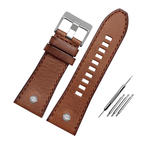 Echtes Lederarmband kompatibel mit Dieseluhrgürtel DZ4476 / 4482 DZ7408 7406 4318 Riemen 22 24 26 28mm Große Größe Männer Armbanduhr Band (Color : 15 Brown silver, Size : 28mm) von EDVENA