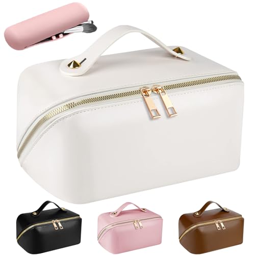 Kosmetiktasche Reise Damen,Make Up Tasche mit Groß Kapazität,PU Leder Portable Schminktasche Kulturtasche Organizer,Beauty Case für Reisezubehör Travel Essentials Women(Glatt-Weiß) von EECH