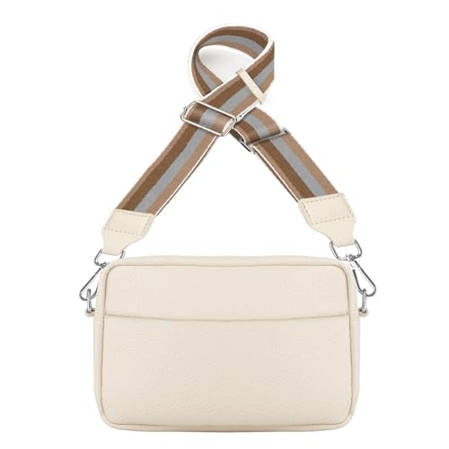 EEEKit Handtasche Mit Breitem Gurt, Veganem Leder Crossbody Bag Damen Breiter Gurt, Beige Handy Quadratische Umhänge Tasche mit Verstellbar Abnehmbar Schultergurt und 3 Fächern von EEEKit