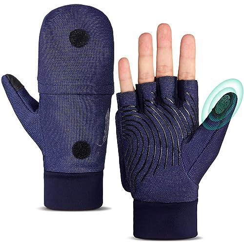 EEFOW Halbfinger Flip Damen Thermo Fahrradhandschuh - Sport Outdoor Winddicht handschuh mit Touch Screen Winterhandschuh Warm Running Handschuh für Fahrrad Ski Arbeits Fußball Motorrad Blau M von EEFOW