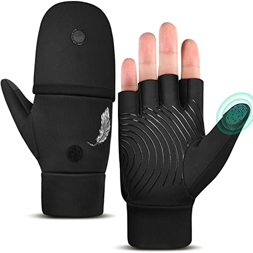 EEFOW Halbfinger Flip Herren Thermo Winterhandschuhe - Outdoor Warm Touchscreen Fingerlose Handschuh Wasserdicht Winddicht Fahrradhandschuhe für Fahrrad Ski Arbeits Fußball Motorrad Sport Schwarz S von EEFOW
