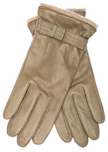 EEM Damen Lederhandschuhe, weiches italienisches Leder, Fleecefutter, Strickbündchen und Zierriegel, khaki S von EEM Fashion