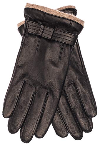 EEM Damen Lederhandschuhe, weiches italienisches Leder, Fleecefutter, Strickbündchen und Zierriegel, schwarz M von EEM Fashion