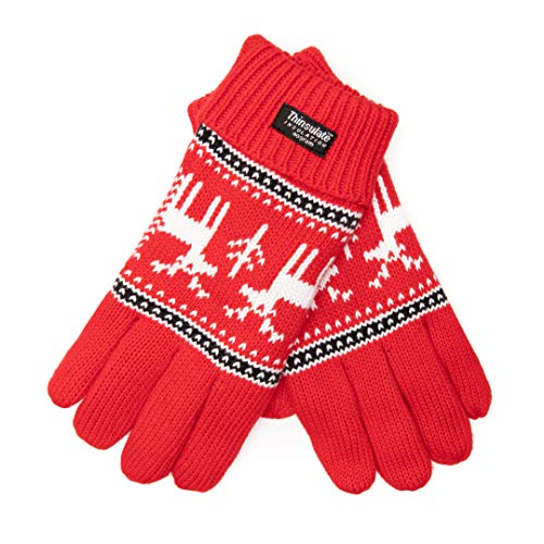 EEM Damen Strick Handschuhe X-Mas aus Baumwolle mit Thinsulate Thermofutter aus Polyester rot Hirsch S/M von EEM Fashion