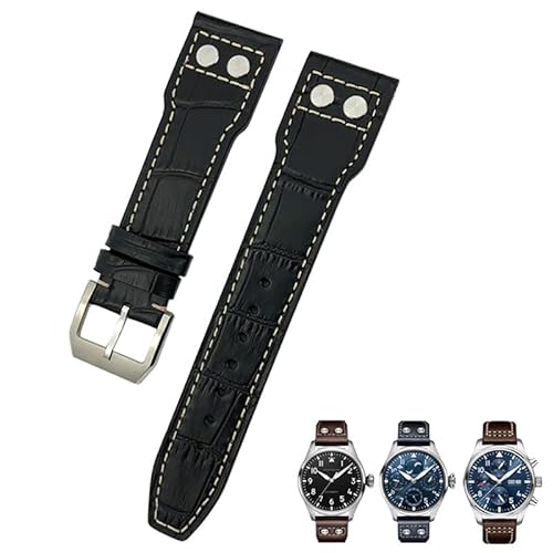 EEOMOiK 22mm 21mm 20mm Armband Echtes Leder Fit für IWC Big Pilot Strap Pilot der Uhr Band Armbänder zubehör Männer werkzeuge(Color:Black white riveted,Size:20mm) von EEOMOiK