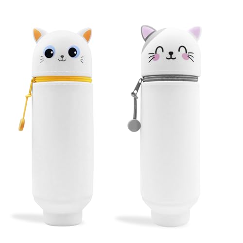 EEPLUYTY Zufällig2-In-1 Weiche Silikontasche - Kawaii, Kawaii Federmäppchen, Kinder Federmäppchen, DIY Niedlicher Cartoon, Weiße Katze oder Graue Katze von EEPLUYTY