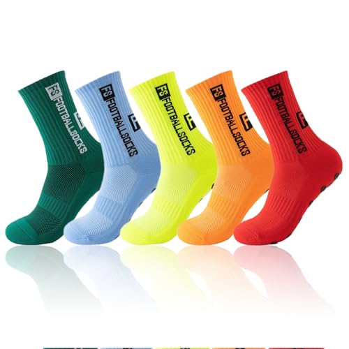 EEPLUYTY 5 Paar Fußball-Sportsocken, Fußball-Anti-Rutsch-Sportsocken, Grip-Socken, rutschfest geruchshemmend und schweißabsorbierend, unisex(Hellblau + fluoreszierendes Gelb + Rot + Grün + Orange) von EEPLUYTY