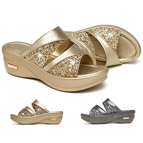 Orthopädische hausschuhe damen sommer, Mode Glitzer Peep Toe Plateau Sandalen Strandschuhe Badeschuhe Sandaletten Slide Sandal Hausschuhe Damen Pantoletten Leder von EEUK