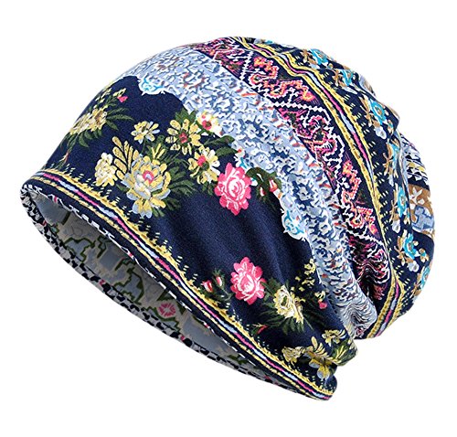 EEVASS Damen Baumwolle Elastisch Slouchy Beanie Hut Blumen Kappe Schal (#1 blau, 1) von EEVASS