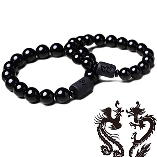 EEzyzy Schwarzer Obsidian Drache Phoenix Perlen Paare Liebhaber Armreif Armband Schmuck 2St. (Drache + Phönix) von EEzyzy