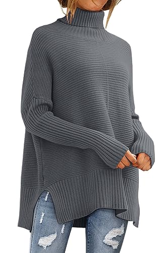 EFAN 2023 Herbst Trendy Oversized Rollkragenpullover für Frauen Batwing Langarm Gestrickte Gemütliche Pullover, grau dunkel, Mittel von EFAN