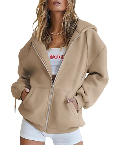 EFAN Damen Niedliche Hoodies Teen Mädchen Herbst Jacke Oversized Sweatshirts Casual Kordelzug Kleidung Reißverschluss Y2K Hoodie mit Tasche, Dunkles Khaki, M von EFAN