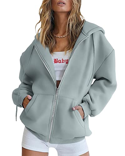 EFAN Damen Niedliche Hoodies Teen Mädchen Herbst Jacke Oversized Sweatshirts Casual Kordelzug Kleidung Reißverschluss Y2K Hoodie mit Tasche, Salbei, M von EFAN