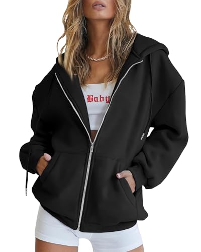 EFAN Damen Niedliche Hoodies Teen Mädchen Herbst Jacke Oversized Sweatshirts Casual Kordelzug Kleidung Reißverschluss Y2K Hoodie mit Tasche, Schwarz, M von EFAN