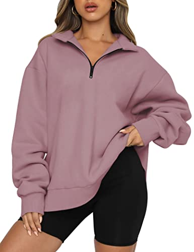 EFAN Damen Oversize Half Zip Pullover Langarm Sweatshirt Viertelreißverschluss Trendy Hoodie Ouffits Teenager Mädchen Herbst Y2K Kleidung, Dunkelrosa, M von EFAN