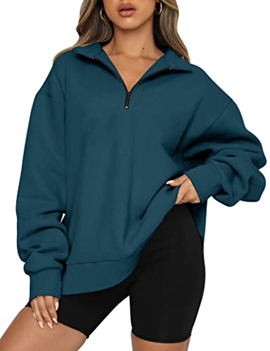 EFAN Damen Oversize Half Zip Pullover Langarm Sweatshirt Viertelreißverschluss Trendy Hoodie Ouffits Teenager Mädchen Herbst Y2K Kleidung, Marineblau, M von EFAN