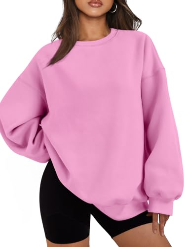 EFAN Damen Oversized Fleece Sweatjacke Sweatshirts Langarm Rundhals Pullover Sweatshirt Casual Hoodie Tops, Pink, S von EFAN