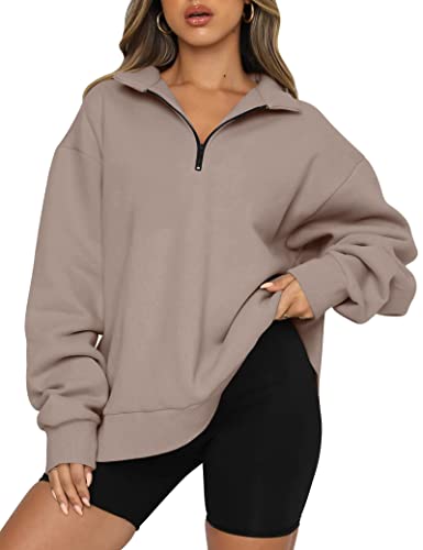 EFAN Damen Oversized Half Zip Pullover Langarm Sweatshirt Viertel Reißverschluss Trendy Hoodie Ouffits Teenager Mädchen Herbst Y2K Kleidung, Coffegrey, L von EFAN