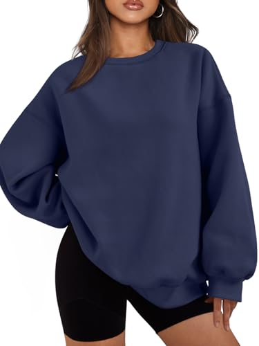 EFAN Damen Oversized Sweatshirts Hoodies Fleece Rundhalsausschnitt Pullover Pullover Pullover Casual Bequem Herbst Mode Outfits Kleidung 2023, Blau dunkel, M von EFAN