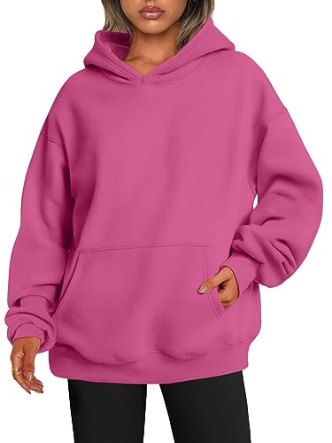 EFAN Damen Oversized Sweatshirts Pullover Hoodies Fleece Pullover Langarm mit Taschen Winter Herbst Outfits Y2k Kleidung, hot pink, S von EFAN