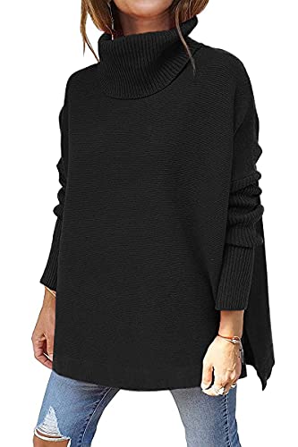 EFAN Damen Rollkragenpullover Herbst Oversized Lange Fledermausärmel Spilt Saum Casual Pullover Sweater Strickoberteile, schwarz, X-Groß von EFAN