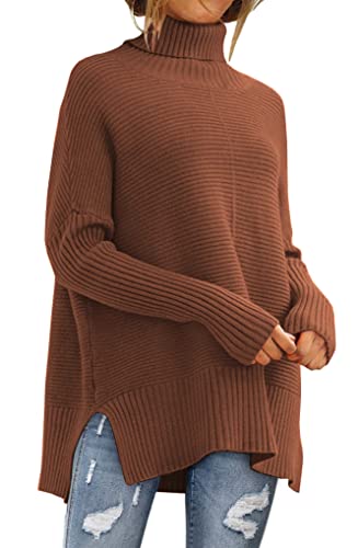 EFAN Damen Rollkragenpullover Oversized Tunika Herbst Pullover 2022 Winter Langarm Pullover Casual Knit Sweater Tops, Brickred, Groß von EFAN